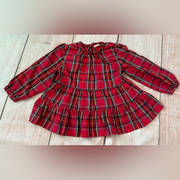 CREWCUTS red CHRISTMAS HOLIDAY plaid Cotton Teired Peasant Top Large - Picture 1 of 5